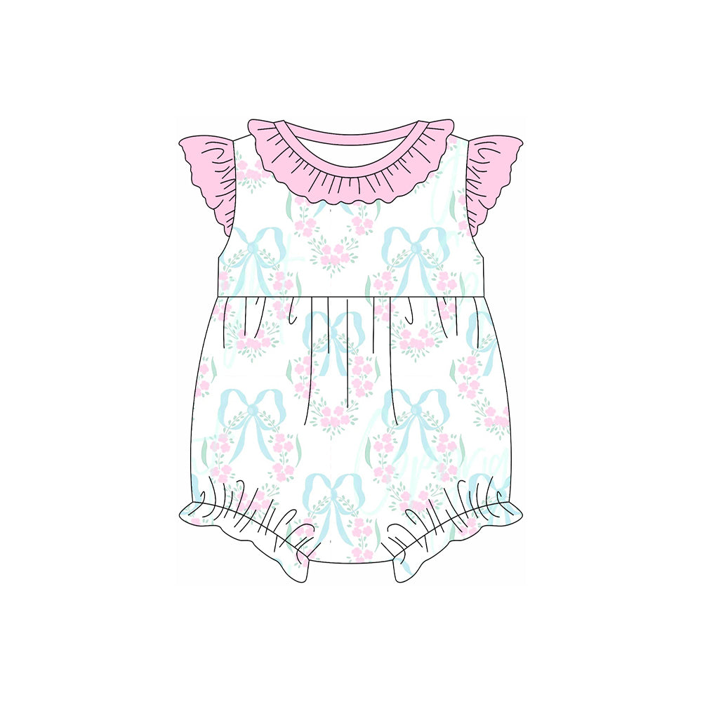 Baby Infant Girls Pink Bows Flowers Flutter Sleeve Rompers preorder