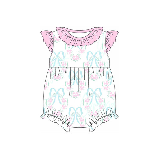 Baby Infant Girls Pink Bows Flowers Flutter Sleeve Rompers preorder