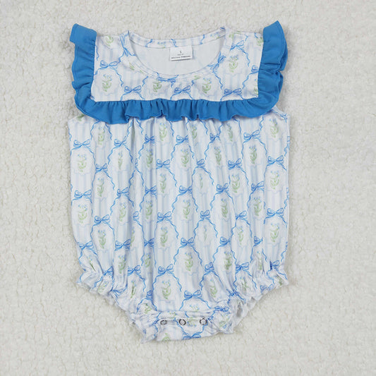 Baby Infant Girls Blue Bows Flowers Rompers