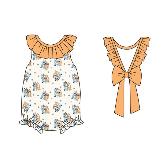 Baby Infant Girls Orange Dog Bow Stars Ruffle Rompers preorder
