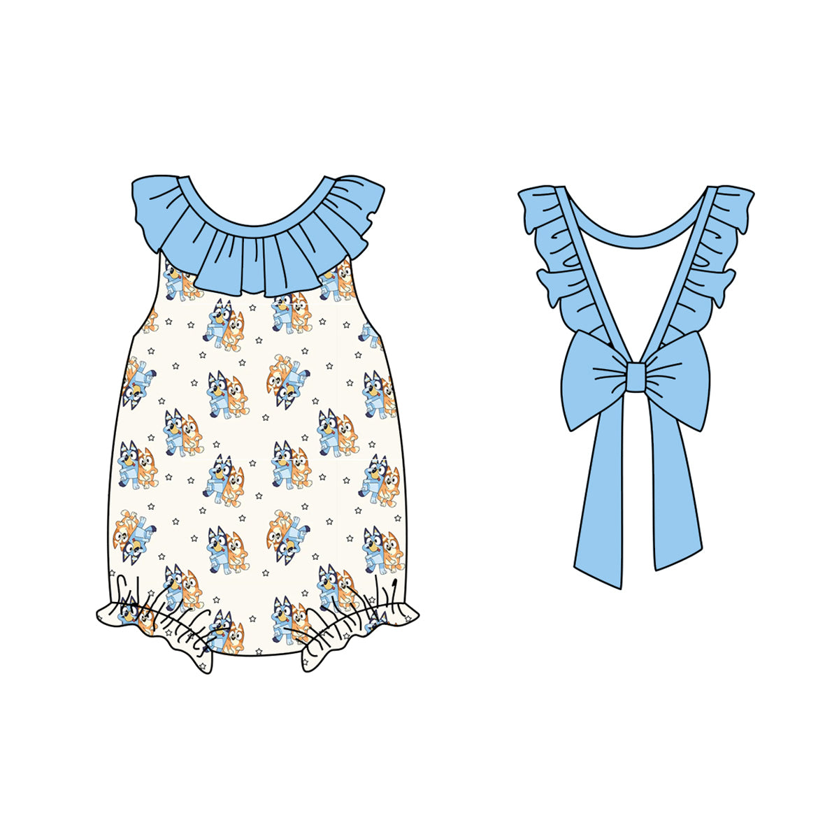Baby Infant Girls Dog Bow Stars Ruffle Rompers preorder