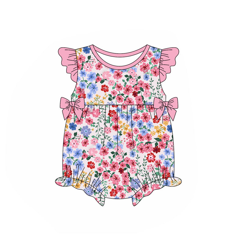 Baby Infant Girls Pink Flowers Bows Flutter Sleeve Rompers preorder