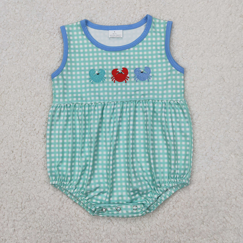 Baby Infant Boys Green Checkered Crabs Rompers