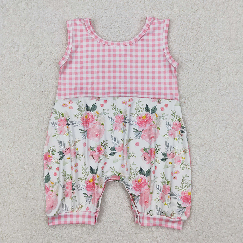 Baby Infant Girls Pink Checkered Flowers Sleeveless Rompers