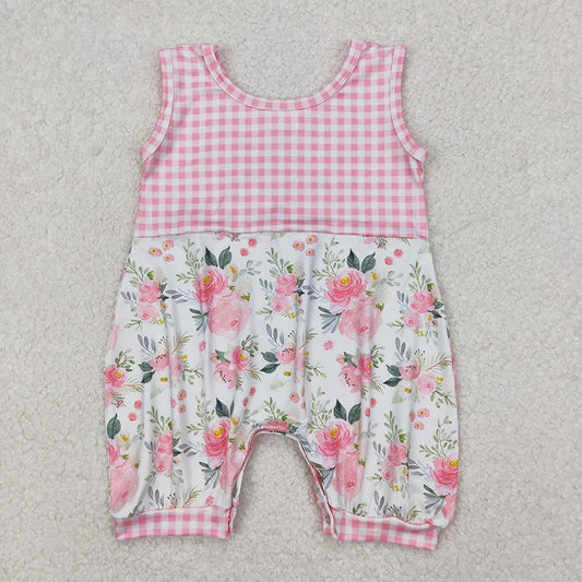 Baby Infant Girls Pink Checkered Flowers Sleeveless Rompers