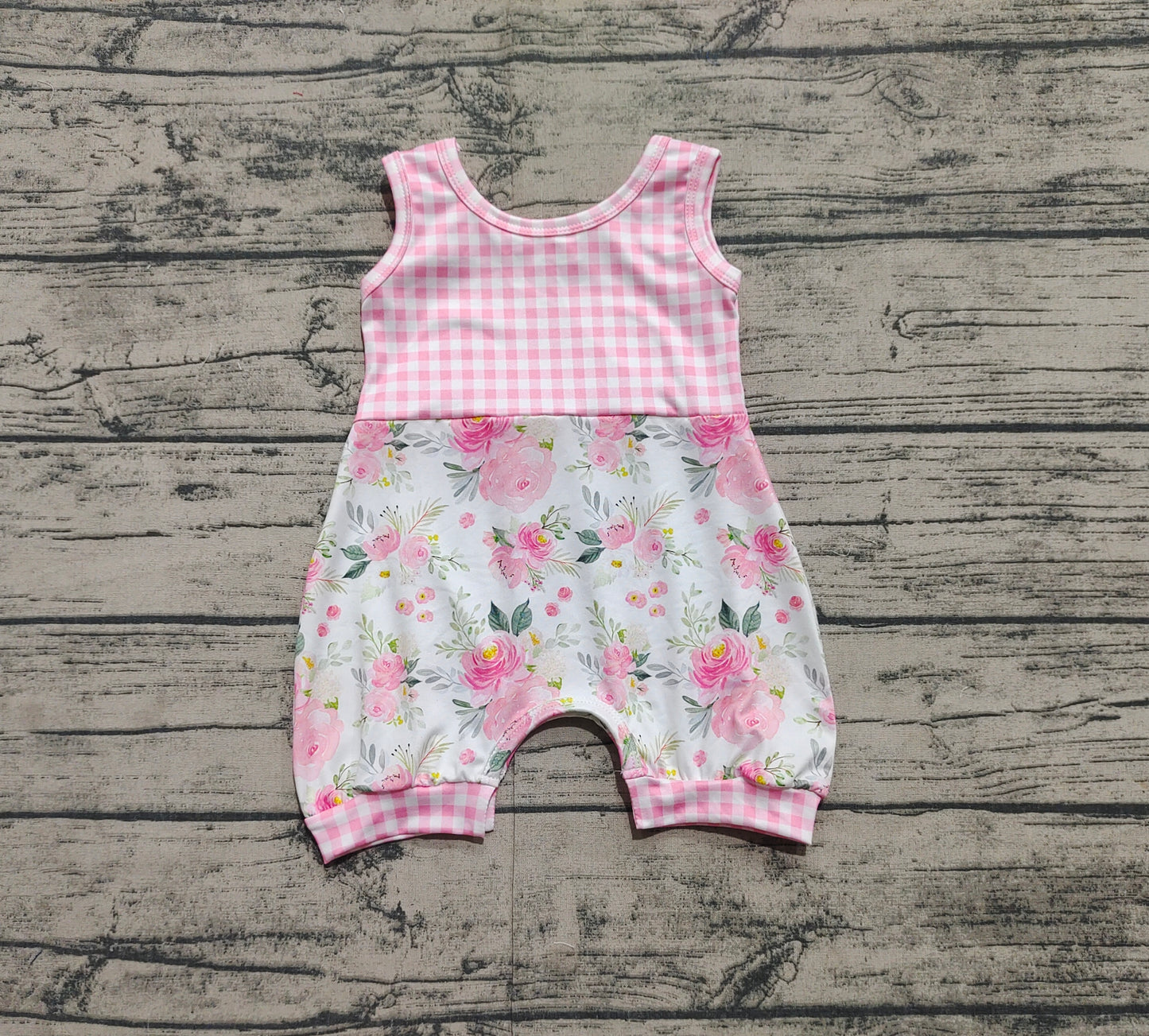 Baby Infant Girls Pink Checkered Flowers Sleeveless Rompers