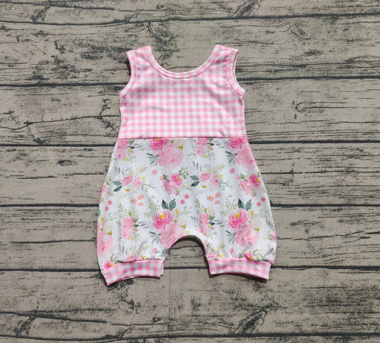Baby Infant Girls Pink Checkered Flowers Sleeveless Rompers