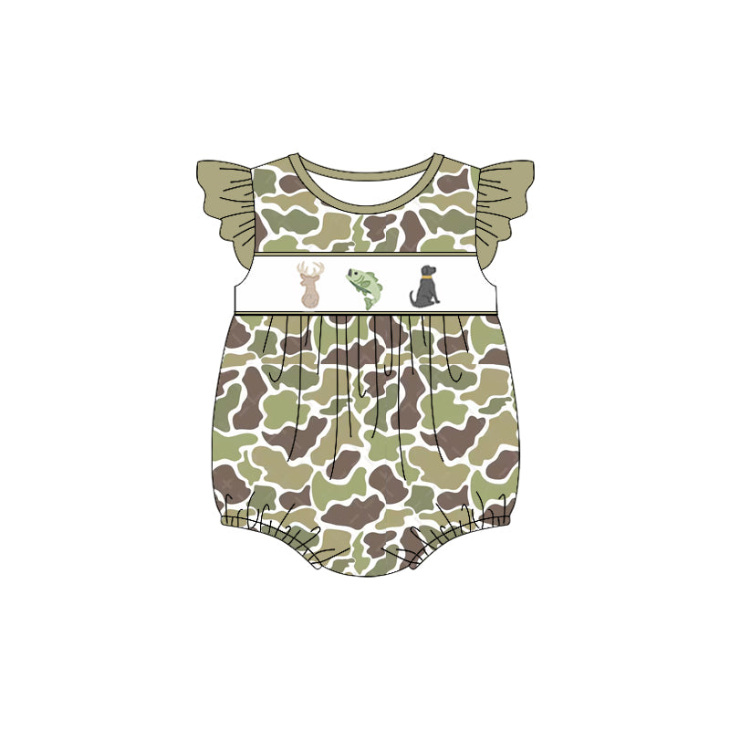 Baby Infant Girls Green Camo Deer Fish Dog Rompers preorder