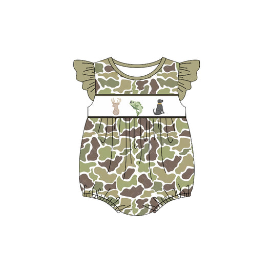 Baby Infant Girls Green Camo Deer Fish Dog Rompers preorder