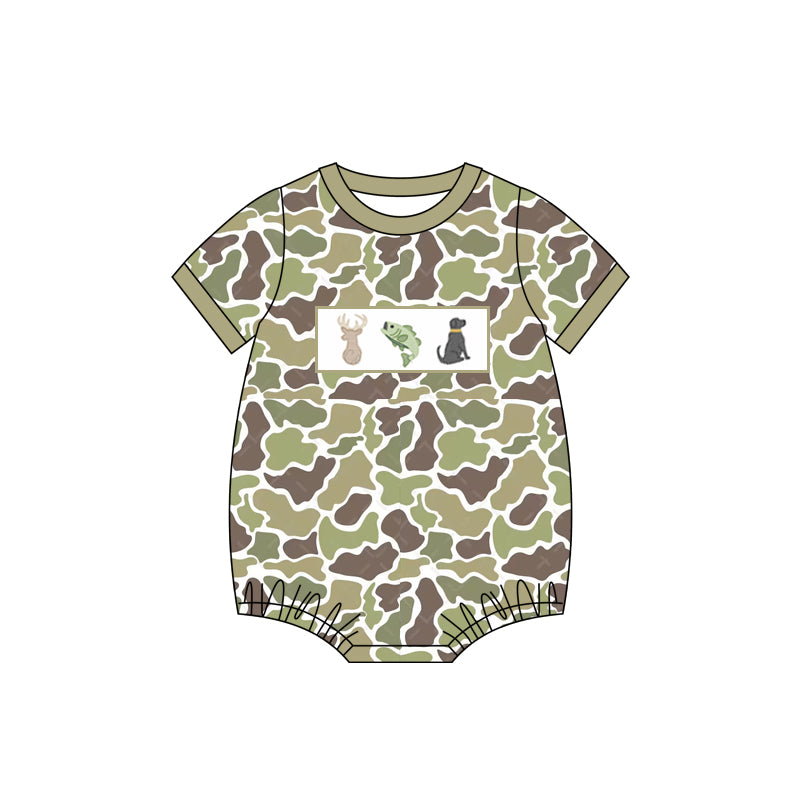 Baby Infant Boys Green Camo Deer Fish Dog Rompers preorder