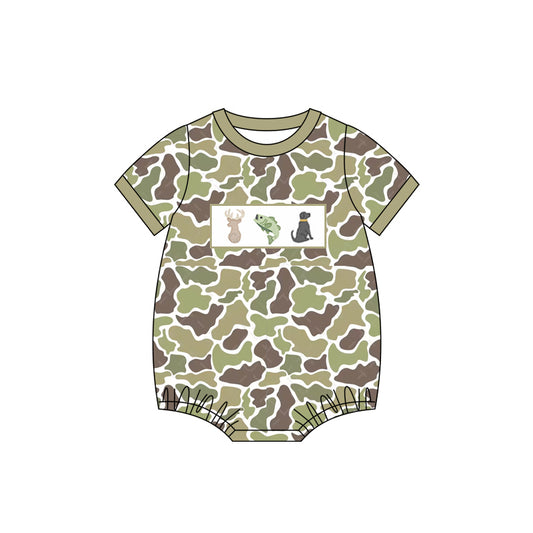 Baby Infant Boys Green Camo Deer Fish Dog Rompers preorder