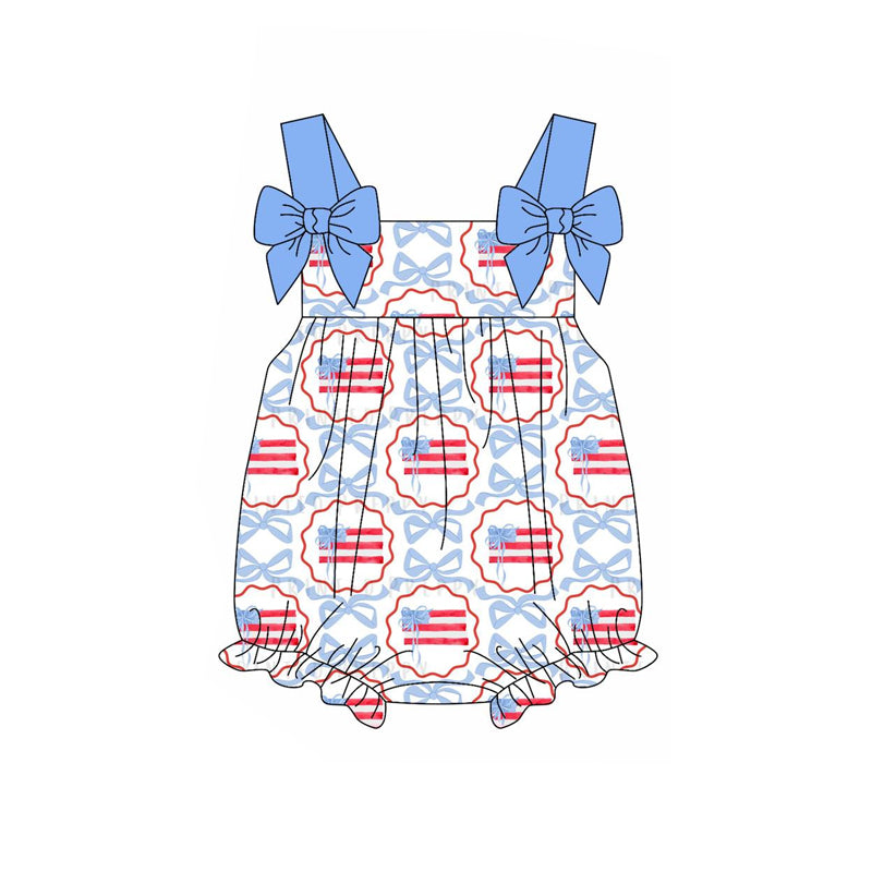 Baby Infant Girls Blue Bows Flag Straps Rompers preorder