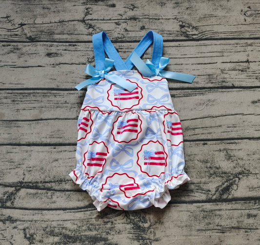 Baby Infant Girls Blue Bows Flag Straps Rompers preorder