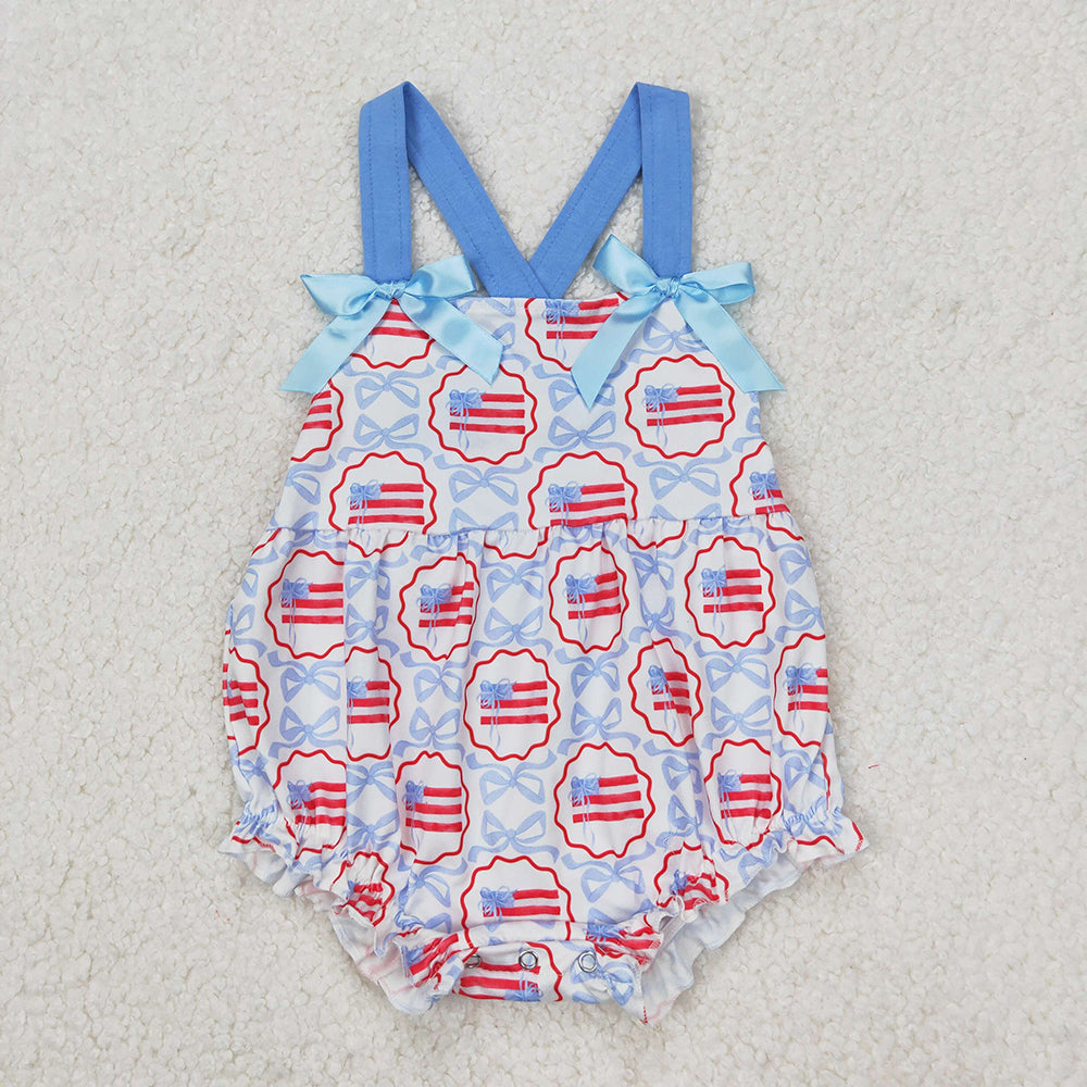 Baby Infant Girls 4th of July Blue Bows Flag Straps Rompers