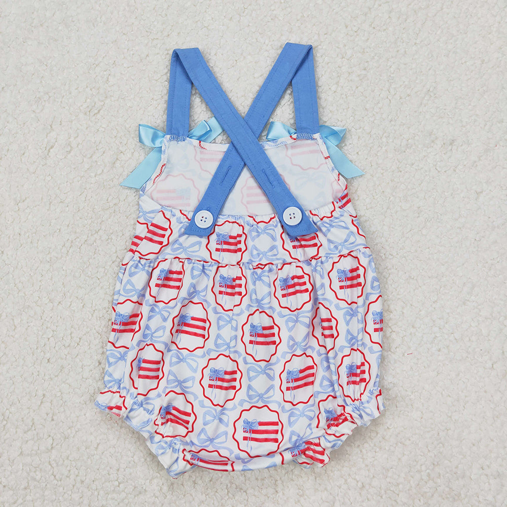 Baby Infant Girls 4th of July Blue Bows Flag Straps Rompers
