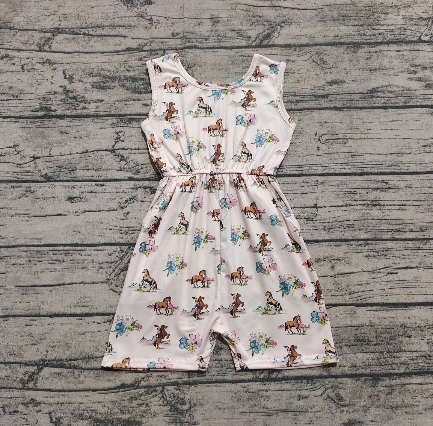 Baby Girls Western Rodeo Horse Flowers Pockets Jumpsuits