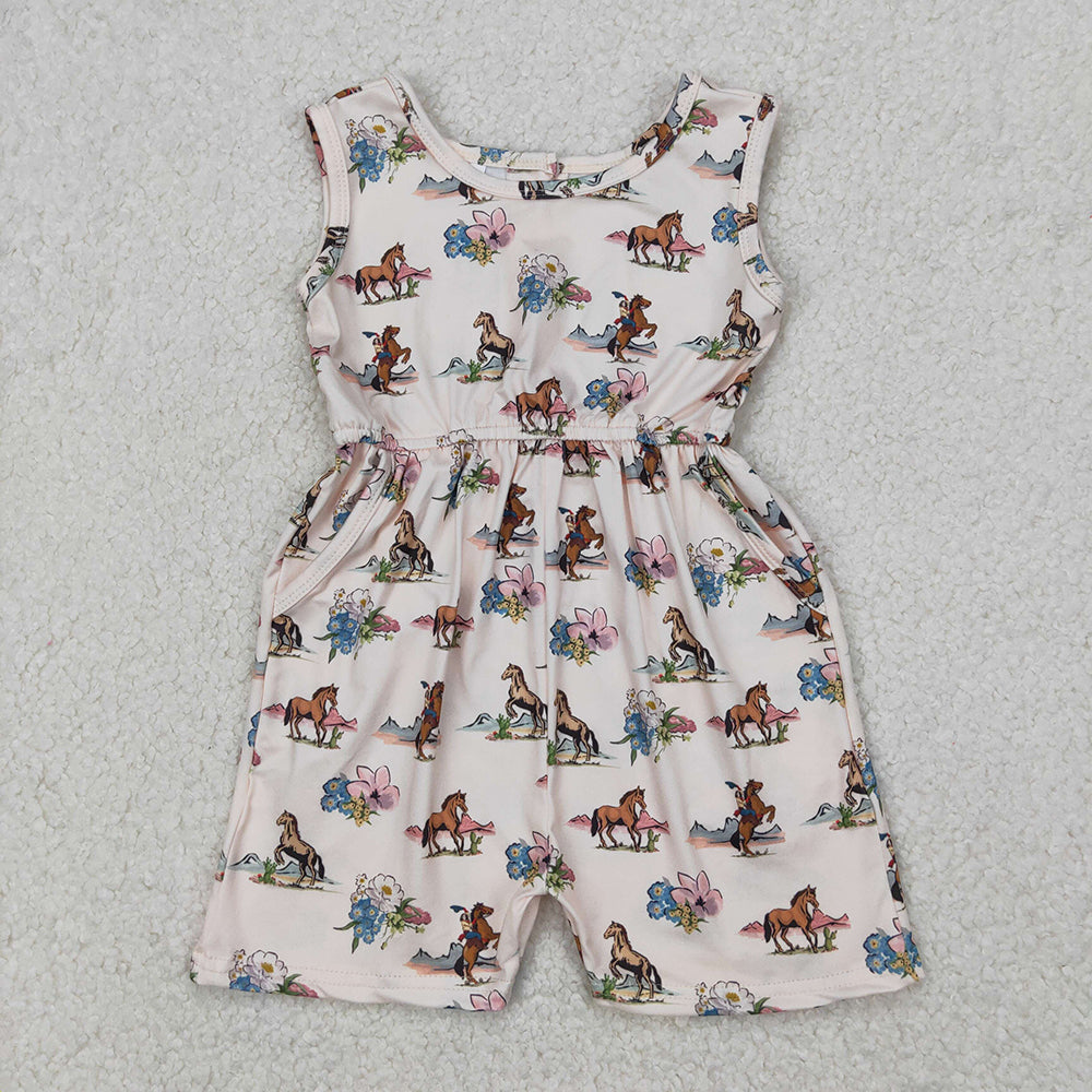 Baby Girls Western Rodeo Horse Flowers Pockets Jumpsuits