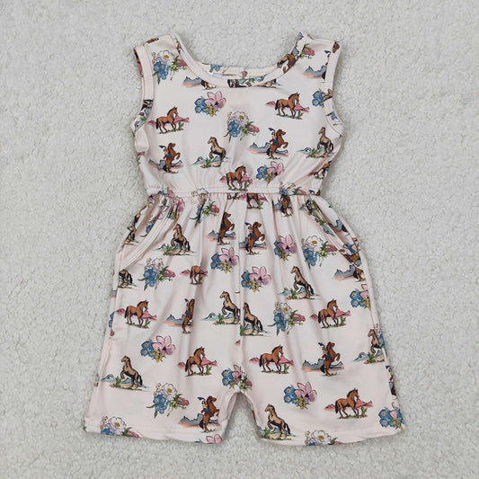 Baby Girls Western Rodeo Horse Flowers Pockets Jumpsuits
