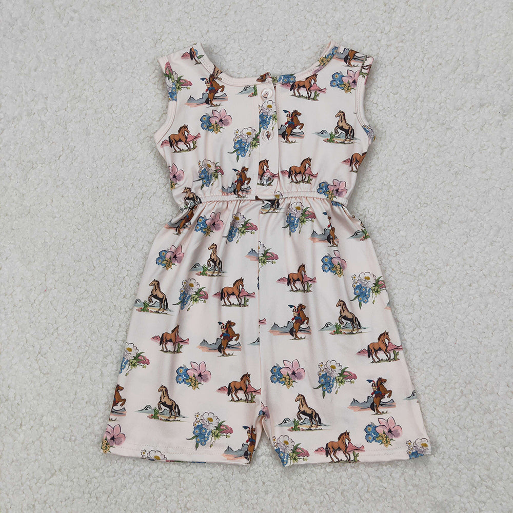 Baby Girls Western Rodeo Horse Flowers Pockets Jumpsuits