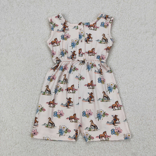 Baby Girls Western Rodeo Horse Flowers Pockets Jumpsuits