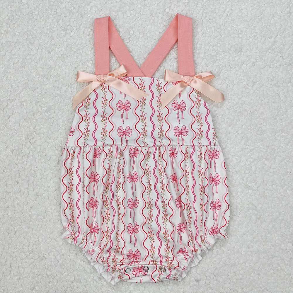 Baby Infant Girls Pink Flowers Bows Straps Rompers