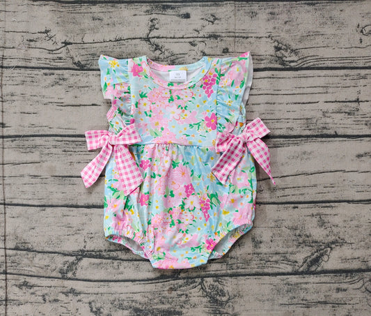 Baby Infant Girls Blue Pink Flowers Bows Rompers
