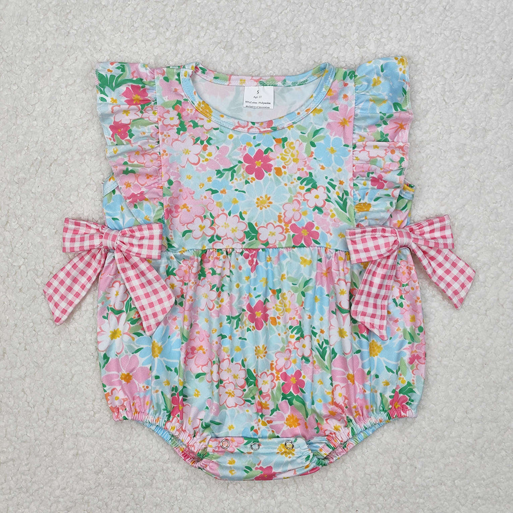 Baby Infant Girls Blue Pink Flowers Bows Rompers