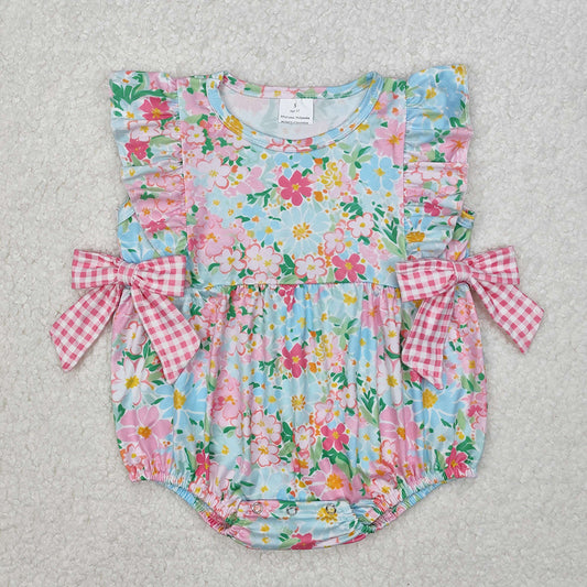 Baby Infant Girls Blue Pink Flowers Bows Rompers
