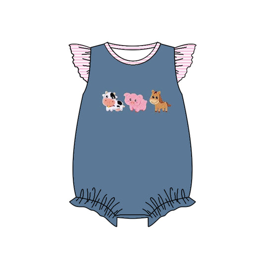 Baby Infant Girls Blue Farm Animals Flutter Sleeve Rompers preorder