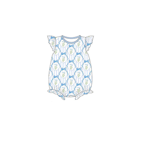 Baby Infant Girls Blue Bows Flowers Flutter Sleeve Rompers preorder