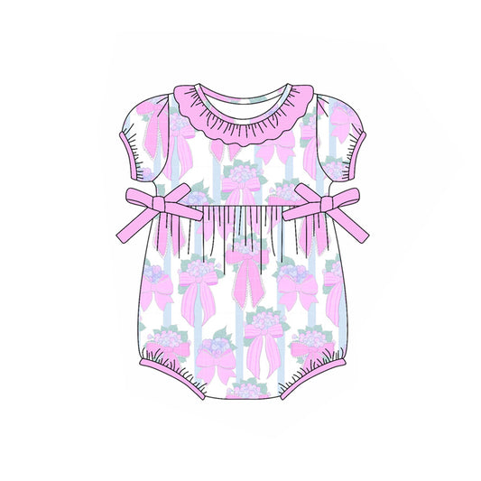 Preorder moq 5 Baby Infant Girls Pink Flowers Bows Ruffle Rompers