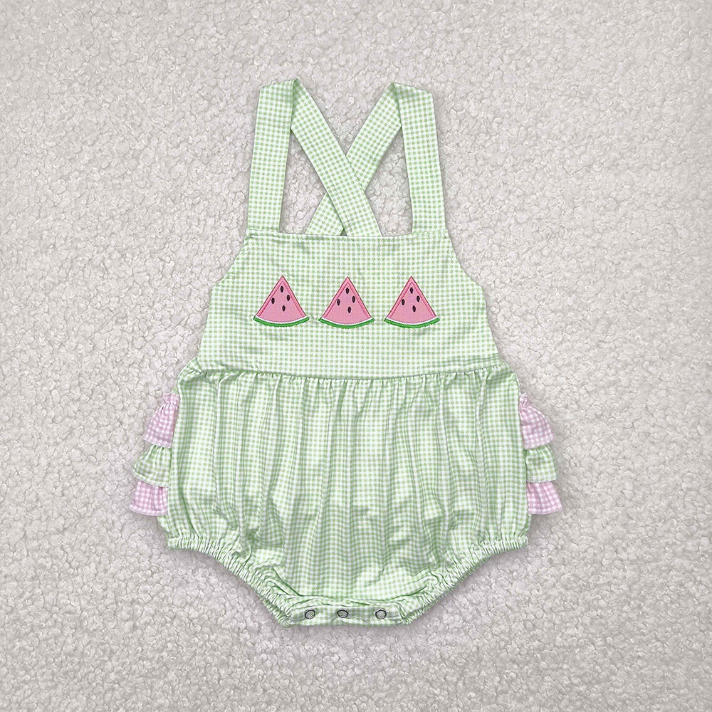 Embroidery Baby Infant Girls Summer Wateremelon Green Ruffles Rompers