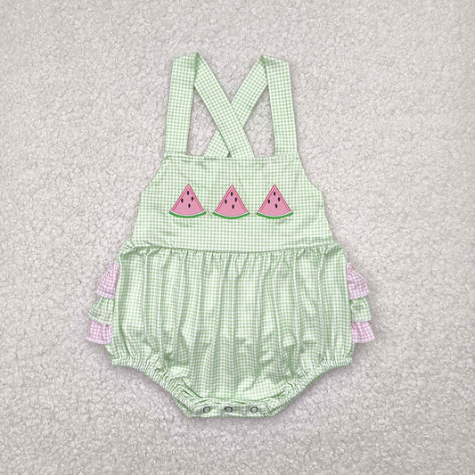 Embroidery Baby Infant Girls Summer Wateremelon Green Ruffles Rompers