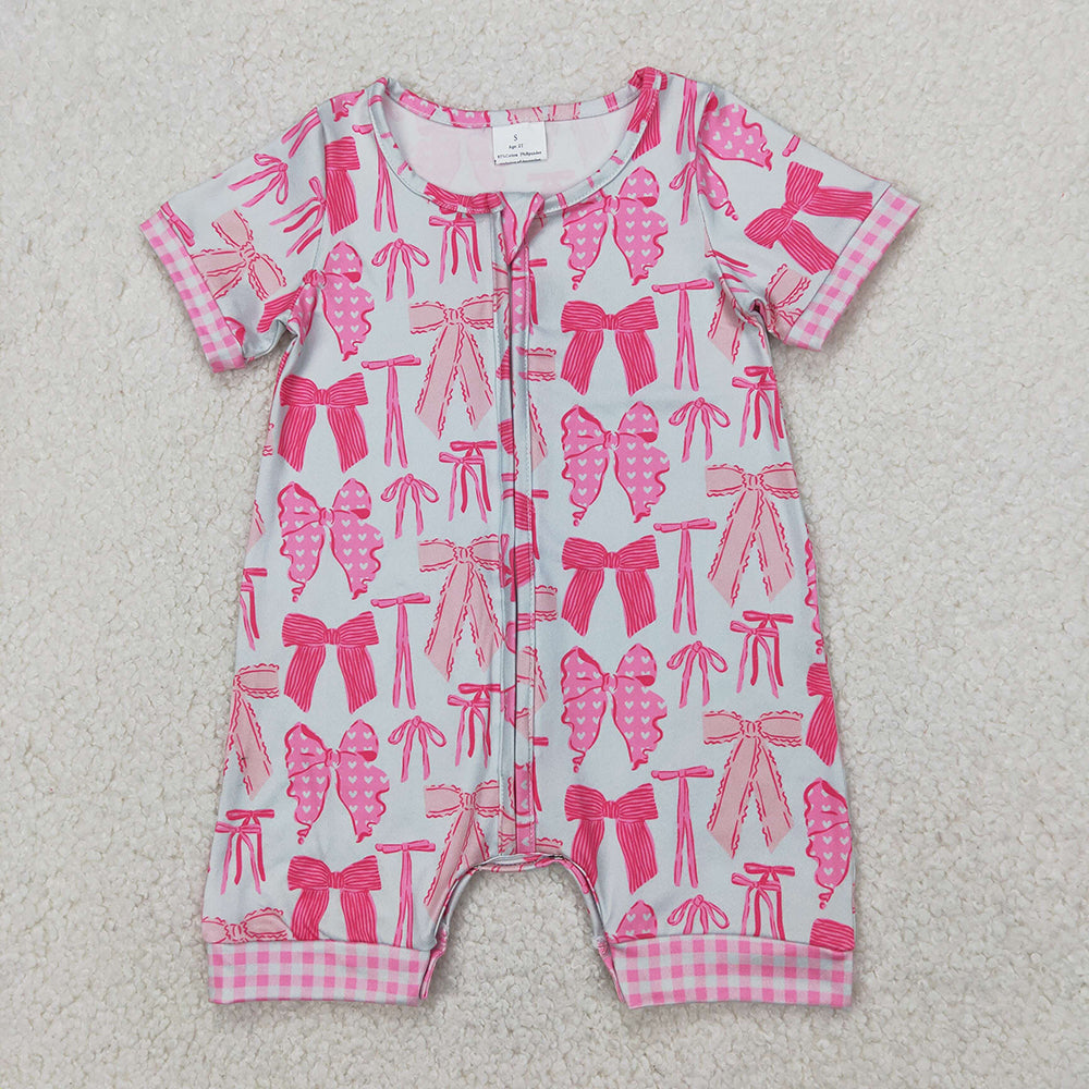 Baby Infant Girls Pink Bows Zip Short Sleeve Rompers