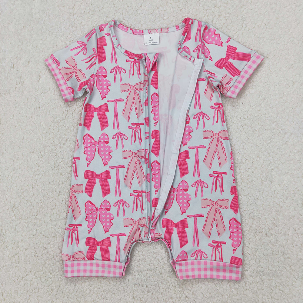 Baby Infant Girls Pink Bows Zip Short Sleeve Rompers