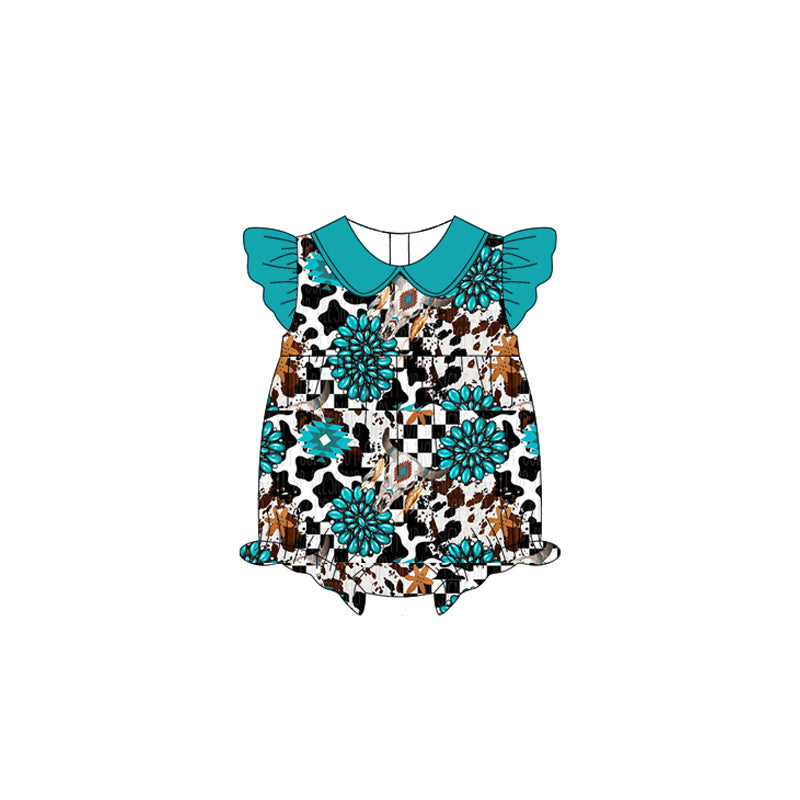 Baby Infant Girls Turquoise Cow Flutter Sleeve Rompers preorder