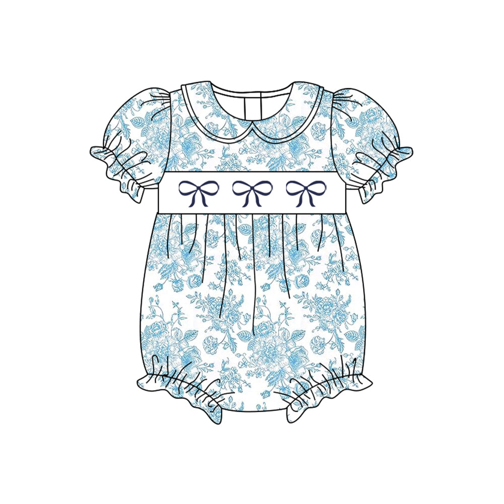 Embroidery Baby Infant Girls Blue Flowers Bows Rompers preorder