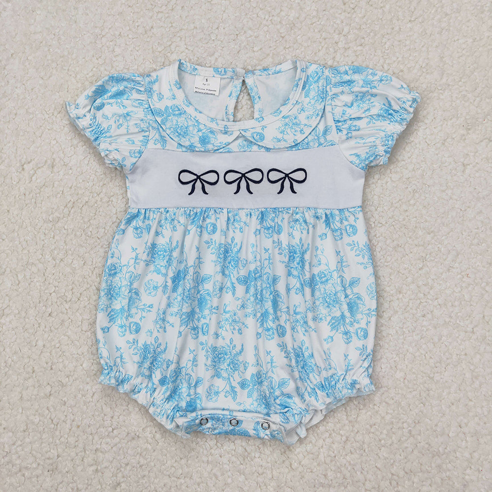 Embroidery Baby Infant Girls Blue Flowers Bows Rompers