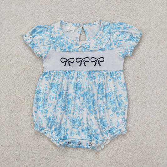 Embroidery Baby Infant Girls Blue Flowers Bows Rompers