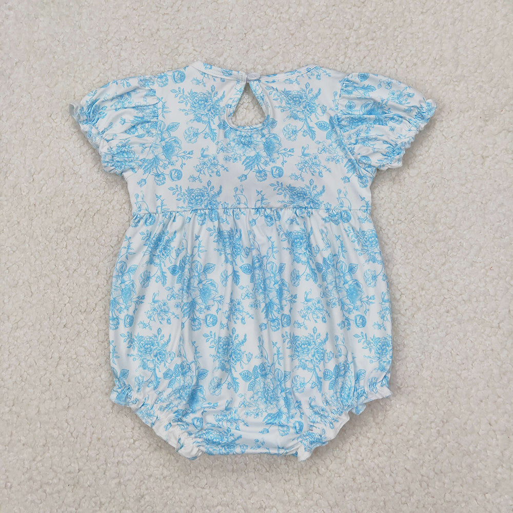 Embroidery Baby Infant Girls Blue Flowers Bows Rompers