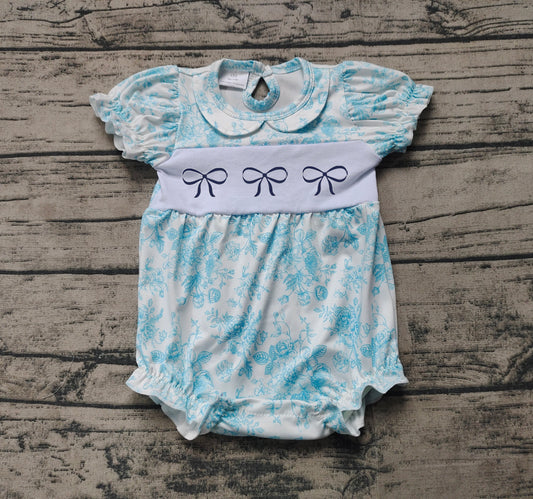 Embroidery Baby Infant Girls Blue Flowers Bows Rompers preorder