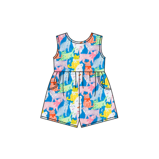 Preorder moq 5 Baby Girls Colorful Cats Bows Pockets Jumpsuits