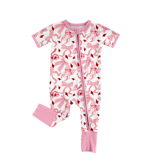 Baby Infant Girls Pink Bows Zip Short Sleeve Rompers preorder