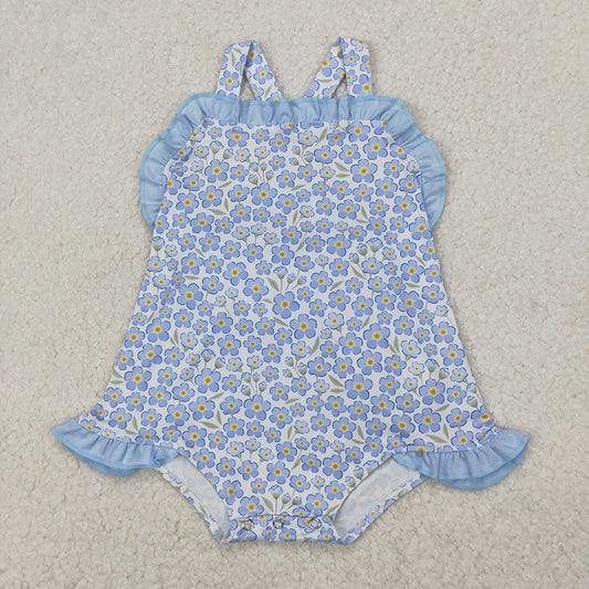 Baby Infant Girls Blue Flowers Straps Rompers