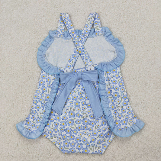 Baby Infant Girls Blue Flowers Straps Rompers