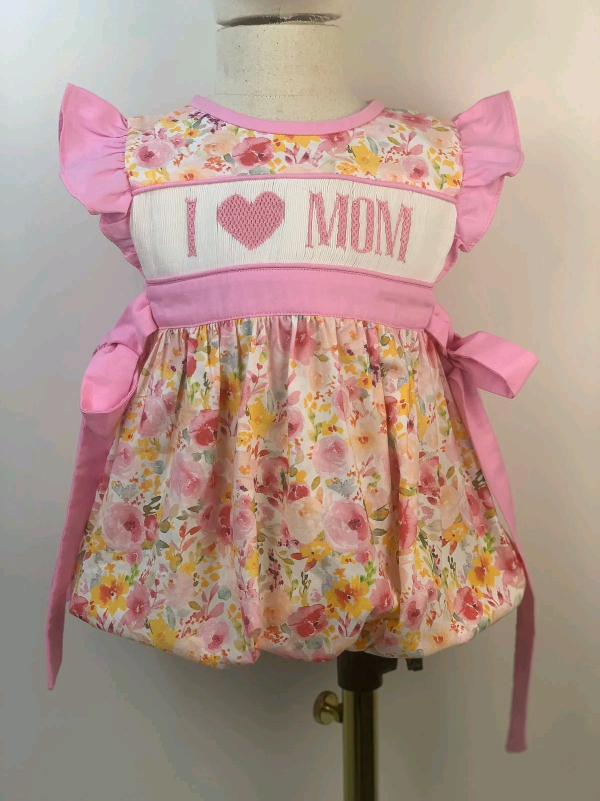 Baby Infant Girls I Love Mom Pink Flowers Bows Rompers preorder