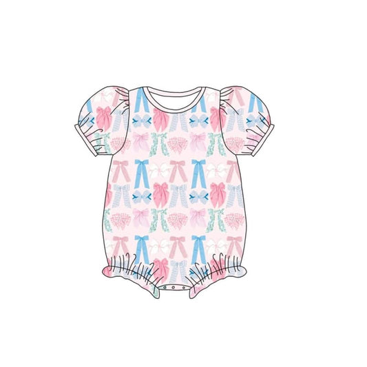 Baby Infant Girls Pink Colorful Bows Short Sleeve Rompers preorder