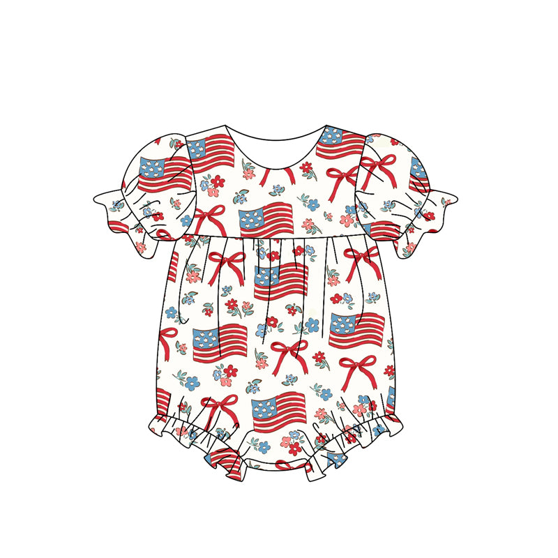 Baby Infant Girls 4th Of July Flags Bows Short Sleeve Rompers preorder