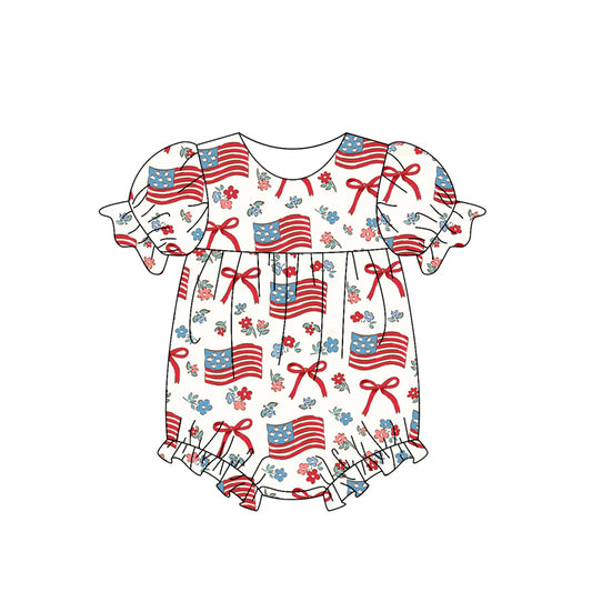 Baby Infant Girls 4th Of July Flags Bows Short Sleeve Rompers preorder