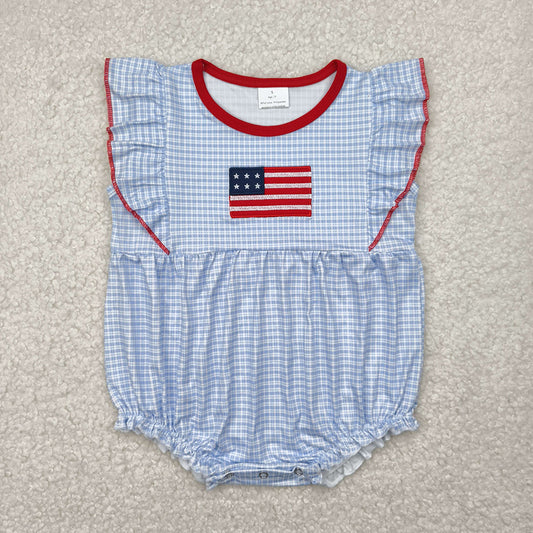 Embroidery Baby Infant Girls Blue Checkered Flag Rompers